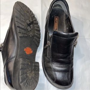 Harley Davidson BLACK Leather chunky block heel Shoes Side Zippers womens 7.5 US
